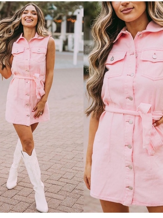Signature8 Dresses & Skirts - Light Pink Denim Dress with Waist Tie Country Girly Western Concert Size M